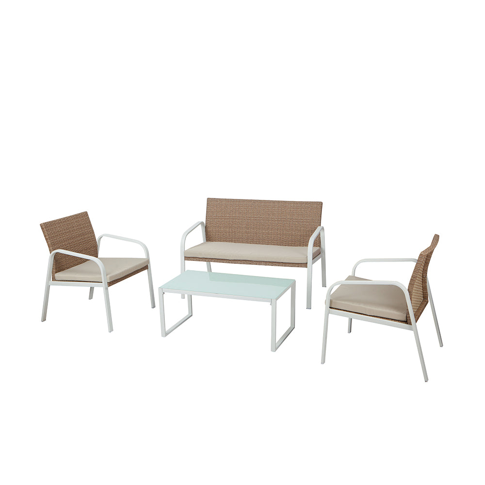 Salotto Madeira                                                 (2 poltrone 1 divano 1 tavolo)  colore bianco, rivestimento in polyrattan miele, cuscini beige